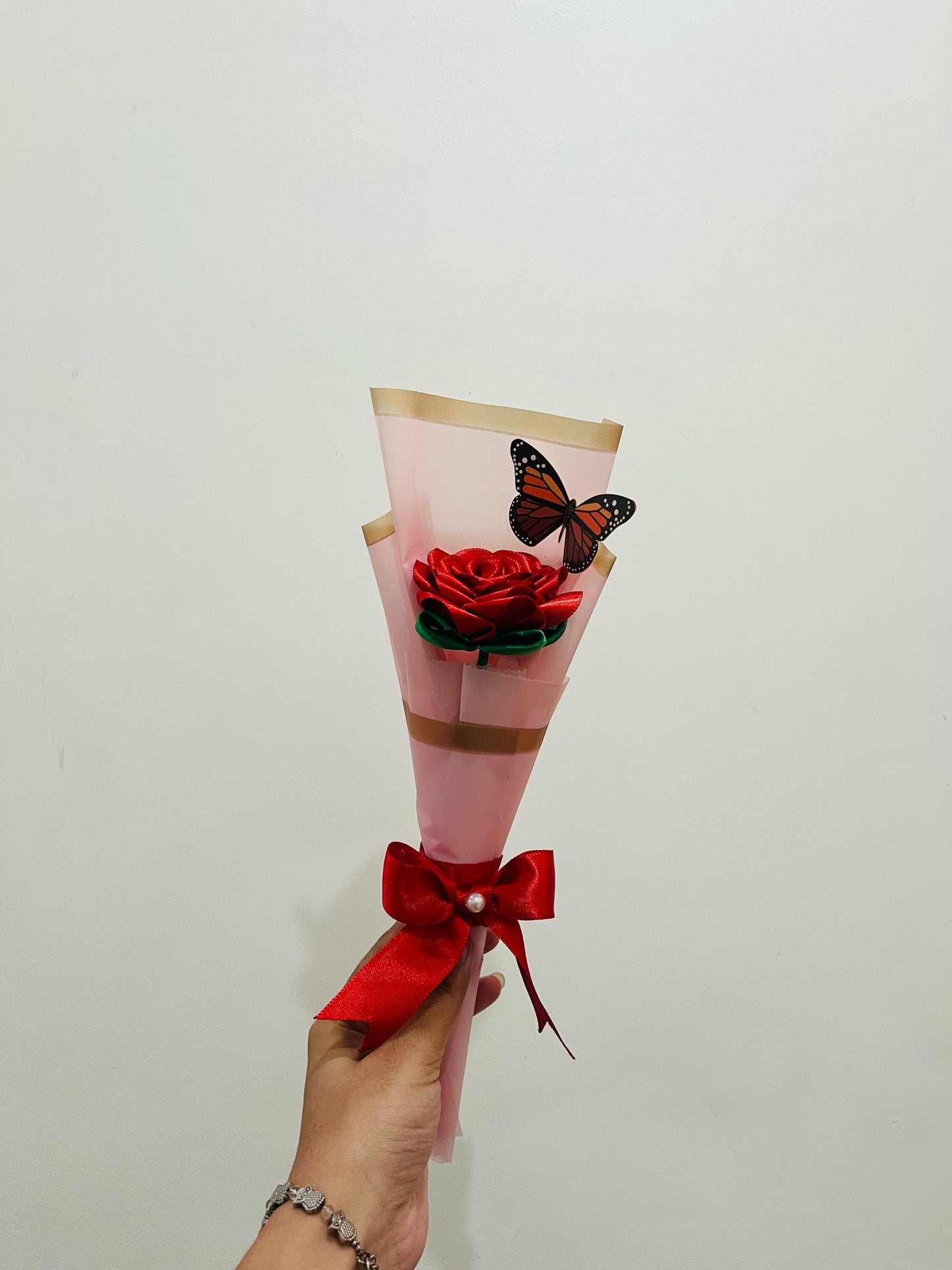 Handmade Red Ribbon Rose in Pink Bouquet with Butterfly – The Floral Era