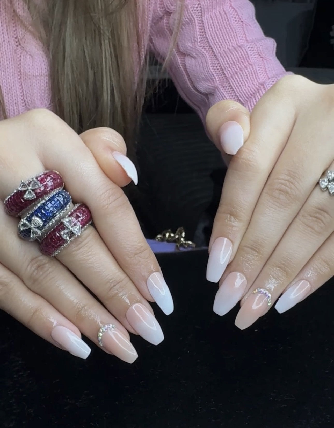 Elegant Ombre White Coffin Nails with Crystal Accents – Tiptoe Nails