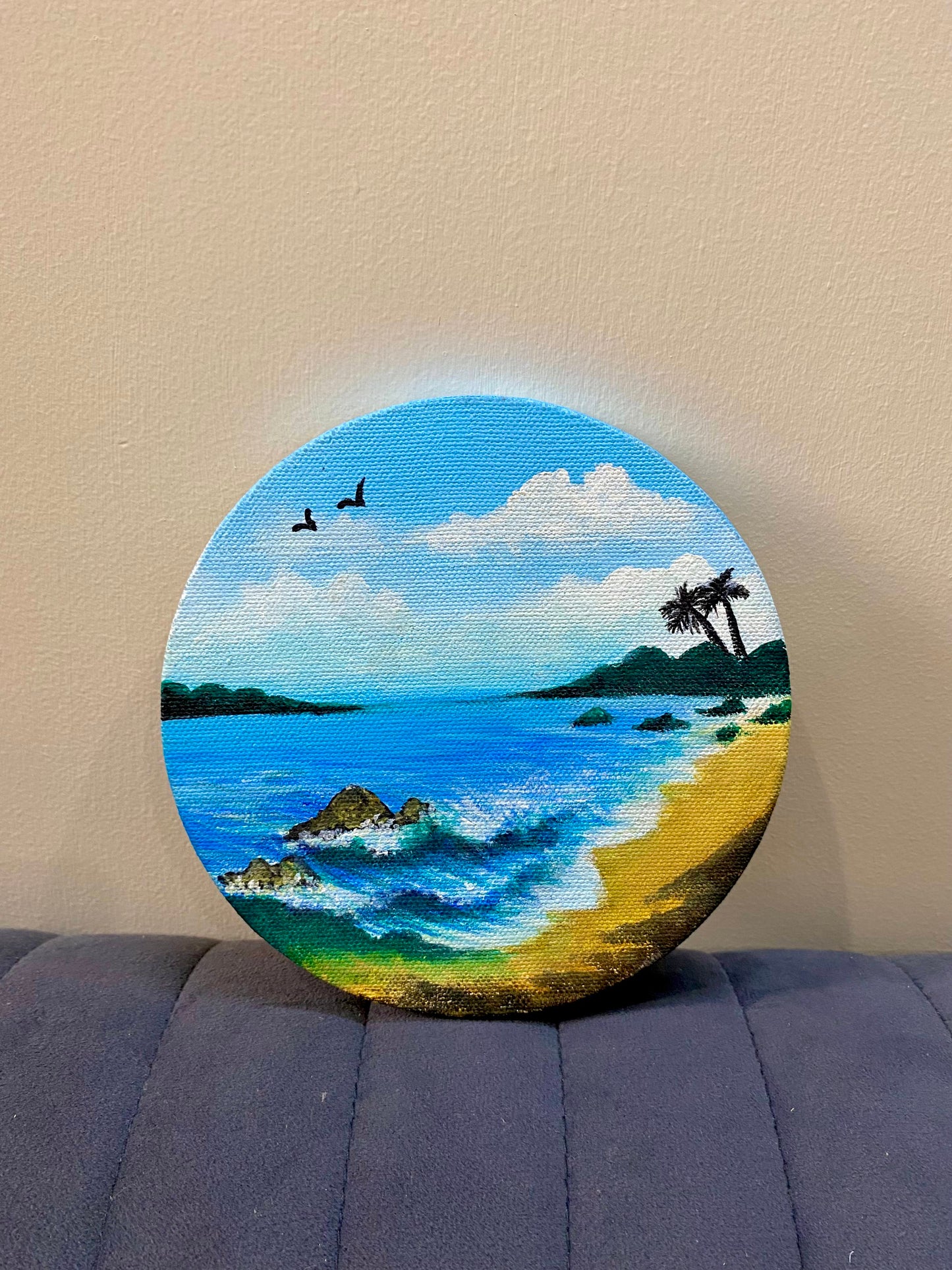 Hand-Painted Round Canvas Art – Scenic Ocean & Romantic Rose Girl | Painters Paradise | Bizvaro