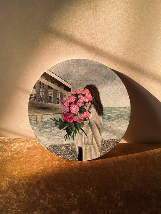Hand-Painted Round Canvas Art – Scenic Ocean & Romantic Rose Girl | Painters Paradise | Bizvaro