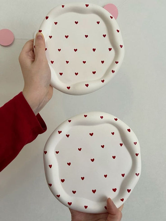 Round Tray|  Handmade Ceramic Tray with Red Heart Design | The Clay Story | Bizvaro